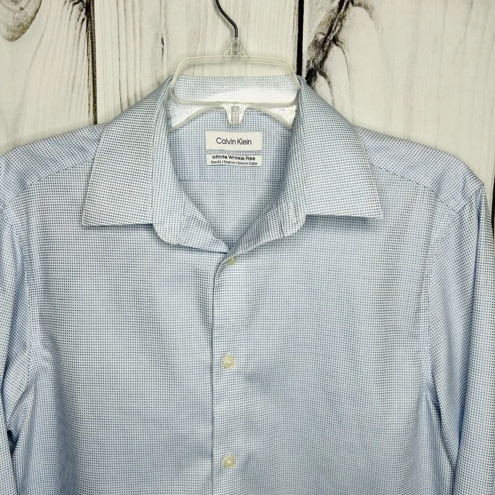 Calvin Klein Mens Infinite Non-Iron Slim-Fit Stretch Shirt Sz M 15 32/33 Blue